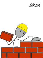 Maçon batissant un mur de briques.